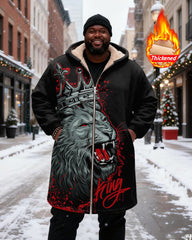 Big & Tall Men's Black And Red Crown Lion "KING" Printed Velvet Thickened Long Hooded Coat