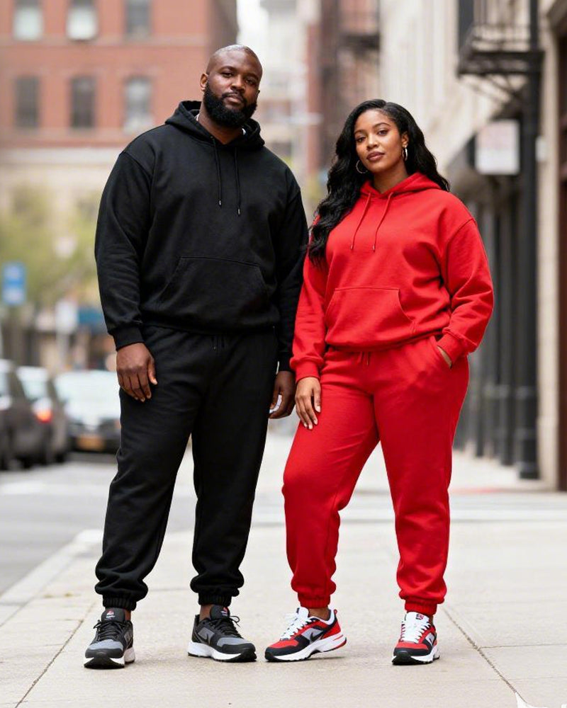 Big & Tall Couples Black And Red Contrast Color "Peace" Gesture Slogan Printed Hoodie Set