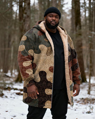Big & Tall Men's Hunting Style Vintage Puzzle Camouflage Printed Velvet Thickened Long Hooded Coat