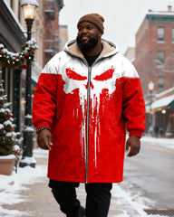 Big & Tall Men's Abstract Skull Print Velvet Thickened Long Hooded Coat