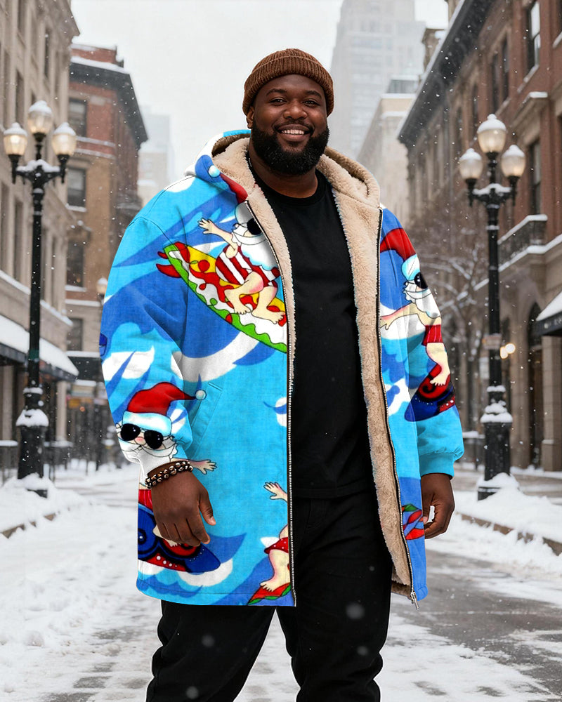 Big & Tall Men's Blue Santa Claus Surf Print Velvet Thickened Long Hooded Coat