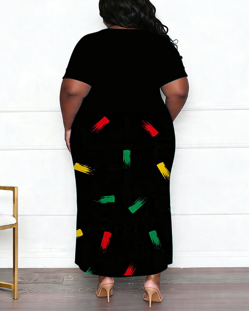 Women's Large-size Juneteenth Splash-ink Printed Side-split Short-sleeve Long Skirt