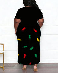 Women's Large-size Juneteenth Splash-ink Printed Side-split Short-sleeve Long Skirt