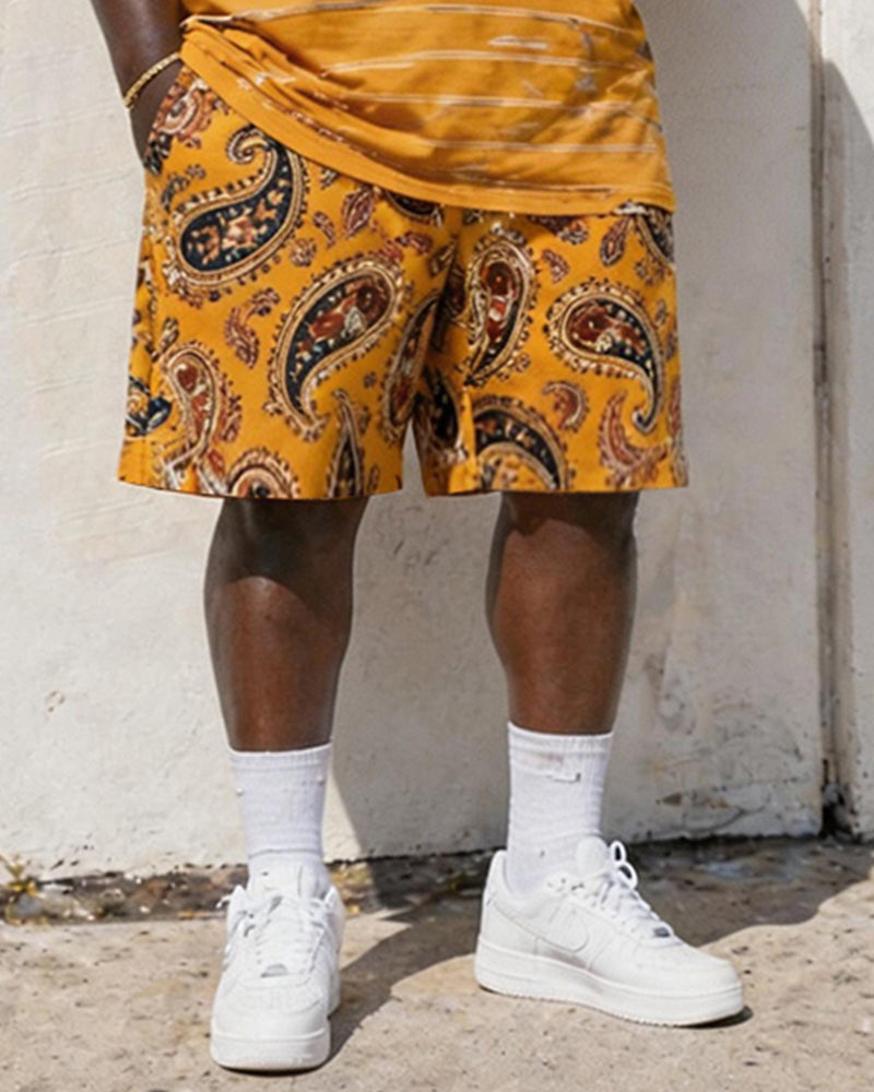 Big & Tall Men's Retro Style Yellow Tone Paisley POLO Letter Printed Round Neck Short Sleeve T-shirt Shorts Set
