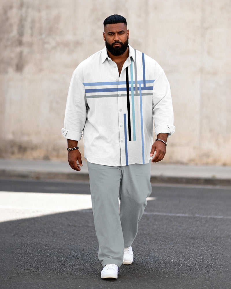 Big & Tall Men's Business Colorblock Striped Print Long Sleeve Shirt Pants Set