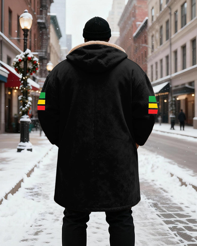 Big & Tall Men's "Being Black Is Dope" Slogan Contrast Color Stripe Printed Velvet Padded Long Hooded Coat