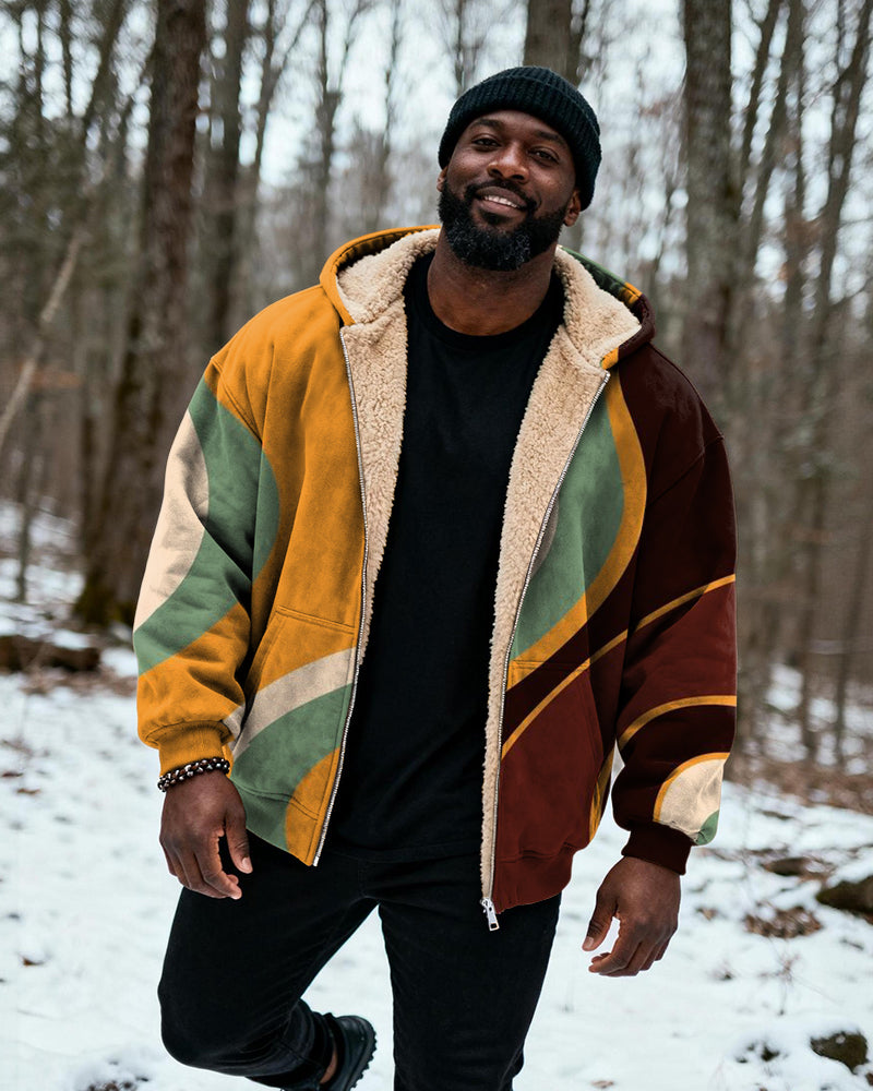 Big & Tall Men's Yellow Brown Green Contrast Curved Printed Velvet Thickened Zipper Hoodie
