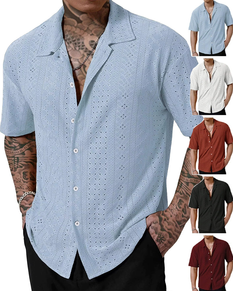 S-3XL Breathable Lapel Collar Solid Color Short-Sleeve Shirt