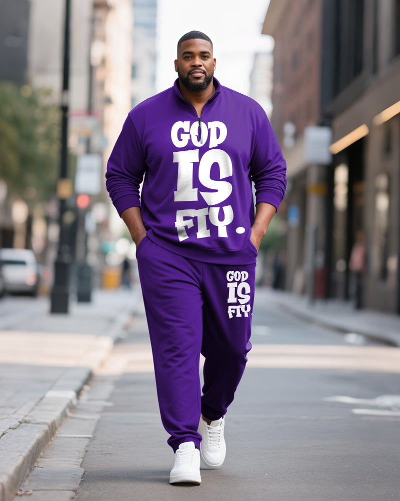 Big & Tall Men's GOD IS FIY Letter Print POLO Collar Zipper Long Sleeve Pants Two-Piece Set
