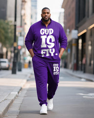 Big & Tall Men's GOD IS FIY Letter Print POLO Collar Zipper Long Sleeve Pants Two-Piece Set