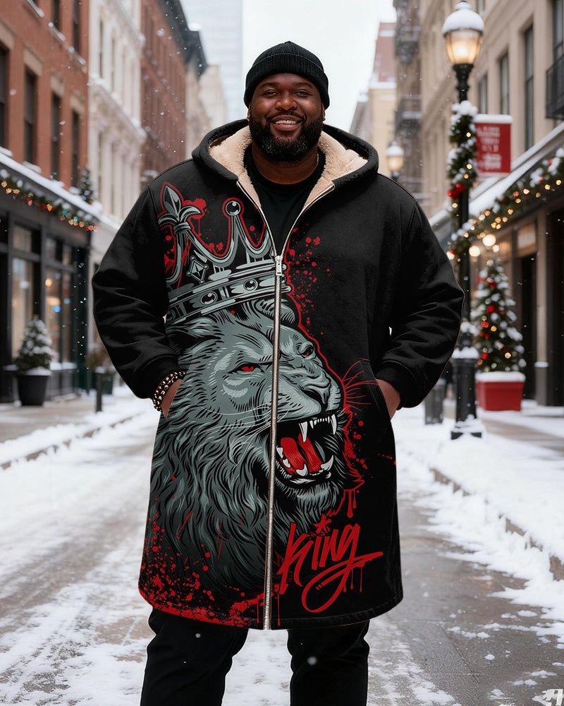 Big & Tall Men's Black And Red Crown Lion "KING" Printed Velvet Thickened Long Hooded Coat