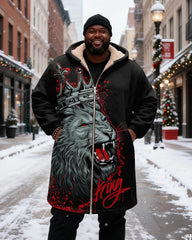 Big & Tall Men's Black And Red Crown Lion "KING" Printed Velvet Thickened Long Hooded Coat