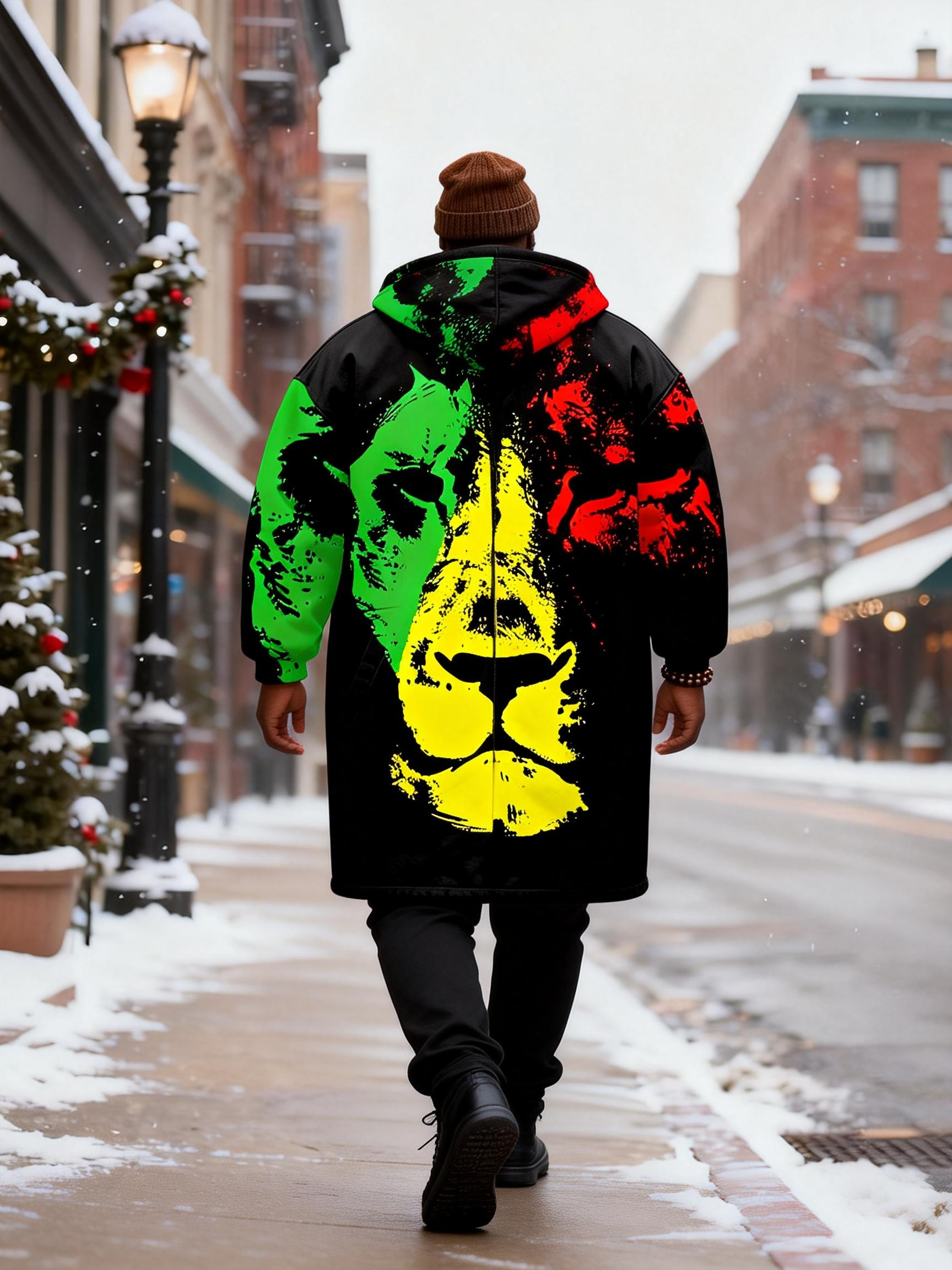 Big & Tall Men's Reggae Tricolor Lion Printed Velvet Thickened Long Hooded Coat