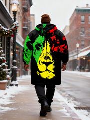 Big & Tall Men's Reggae Tricolor Lion Printed Velvet Thickened Long Hooded Coat