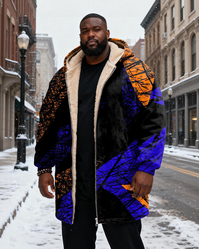 Big & Tall Men's Black And Purple Graffiti Printed Velvet Padded Long Hooded Coat