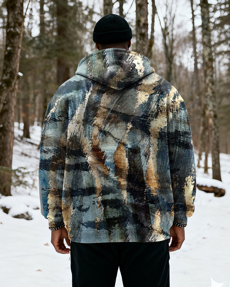 Big & Tall Men's Blue Brown Gold Abstract Textured Print Velvet Thickened Zip Hoodie