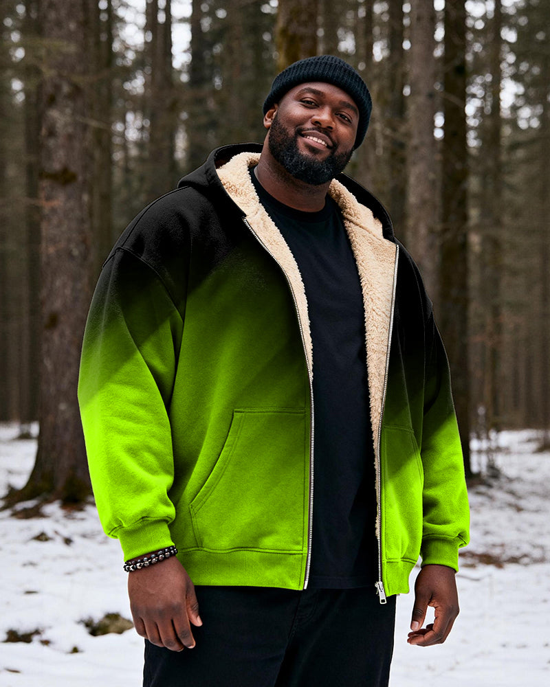 Big & Tall Men's Black And Red Gradient Print Velvet Thickened Zip Cardigan Hoodie