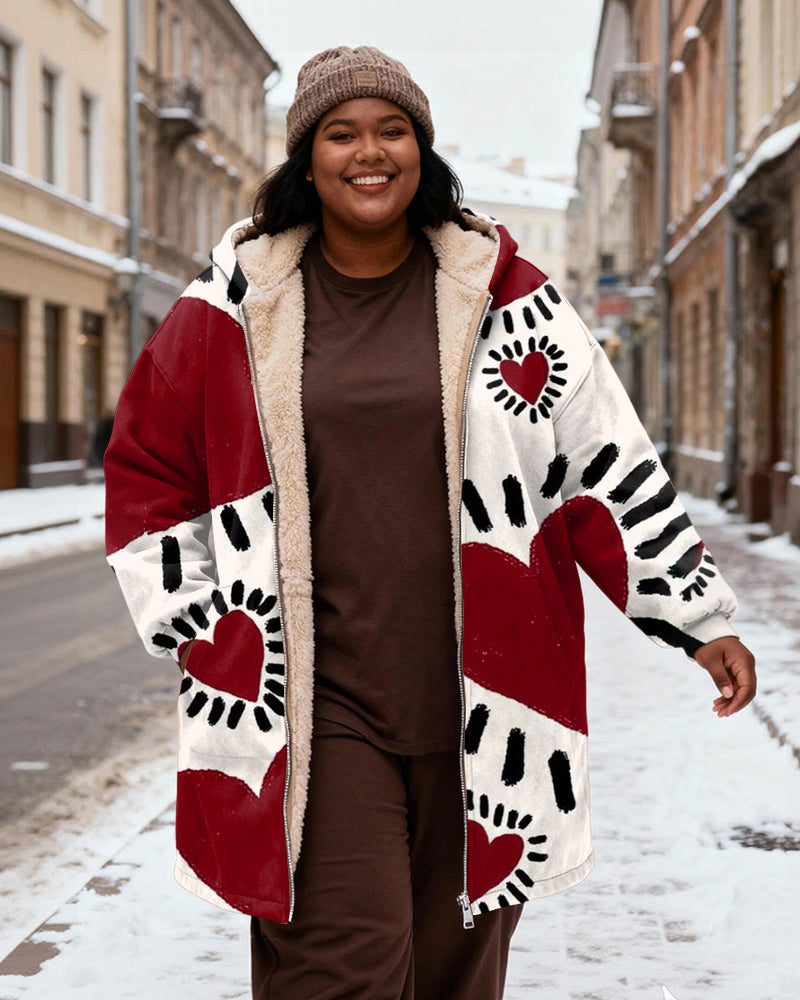 Women's Red And White Contrast Loving Heart Printed Velvet Thickened Long Hooded Coat