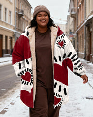 Women's Red And White Contrast Loving Heart Printed Velvet Thickened Long Hooded Coat