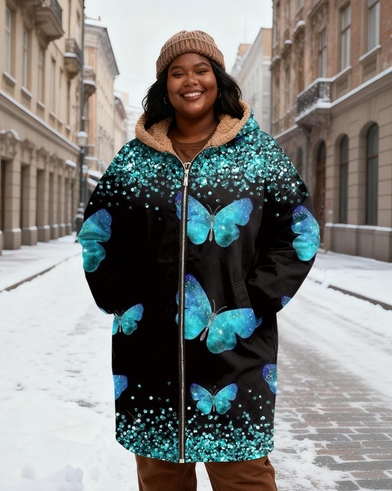 Women's Black Blue And Green Butterfly Sequins Printed Velvet Thickened Long Hooded Coat