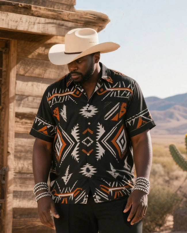 Big & Tall Men's Western Wind Diamond Sawtooth, Triangle Thunder Cloud, Arrow Feather Radiographic Print Short Sleeve Shirt And Pants Suit