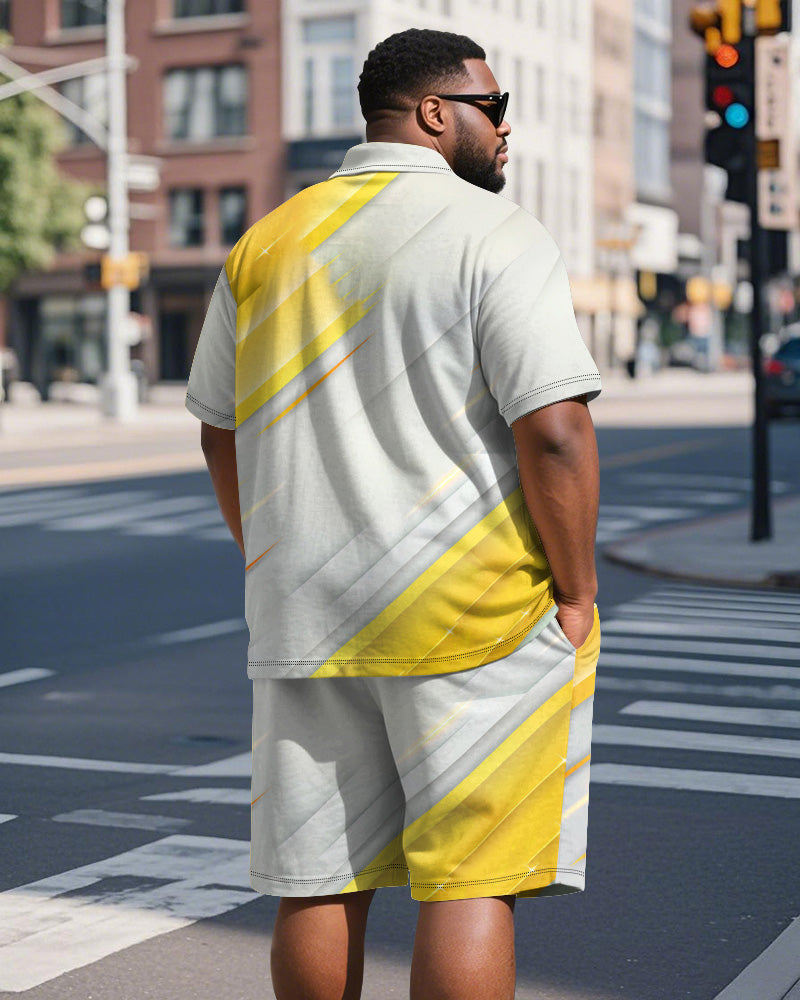 Big & Tall Men's Business Yellow Brush Stroke Line Graffiti Print Short Sleeve Polo Shirt Shorts Suit
