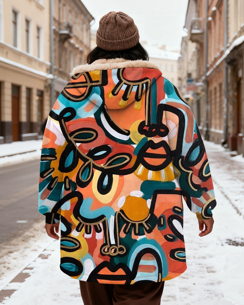 Women's Colorful Abstract Graffiti Print Velvet Thickened Long Hooded Coat