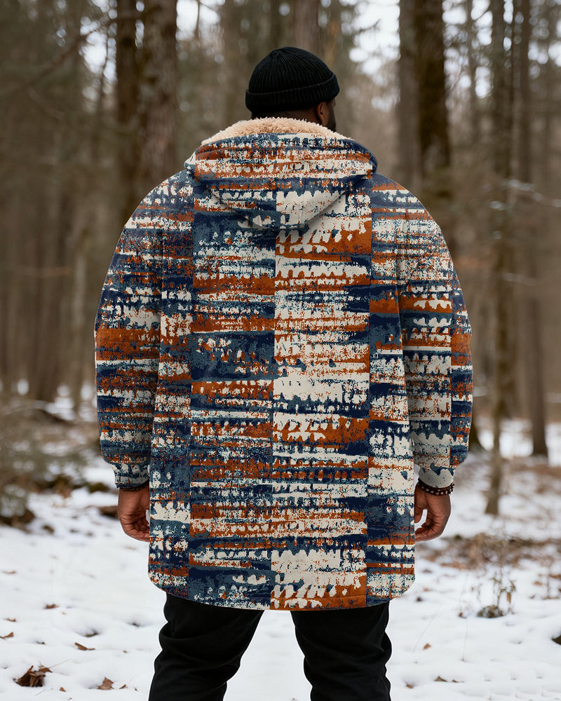 Big & Tall Men's Vintage Distressed Striped Printed Velvet Padded Long Hooded Coat