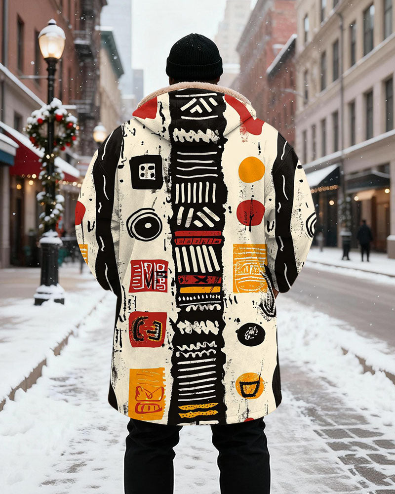 Big & Tall Men's Black, White, Red And Yellow Abstract Geometric Printing Velvet Thickened Long Hooded Coat