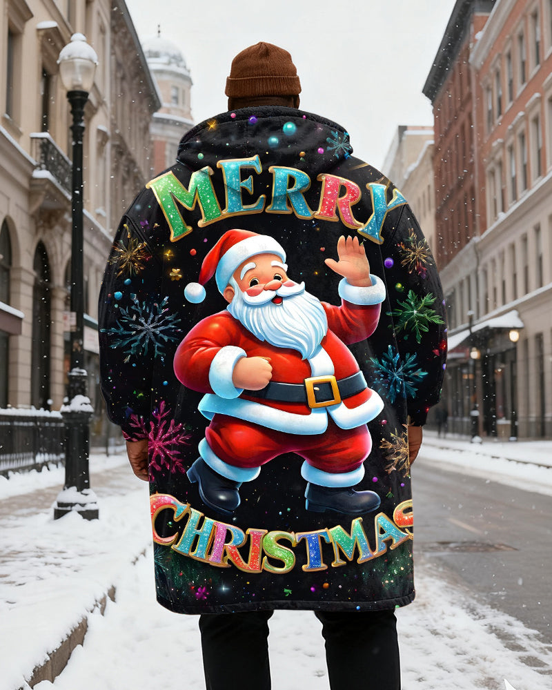 Big & Tall Men's Black MERRY CHRISTMAS Santa Printed Velvet Thickened Long Hooded Coat