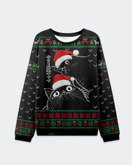 Big & Tall Men's Christmas Black Cat Graffiti Print Crewneck Ugly Sweater