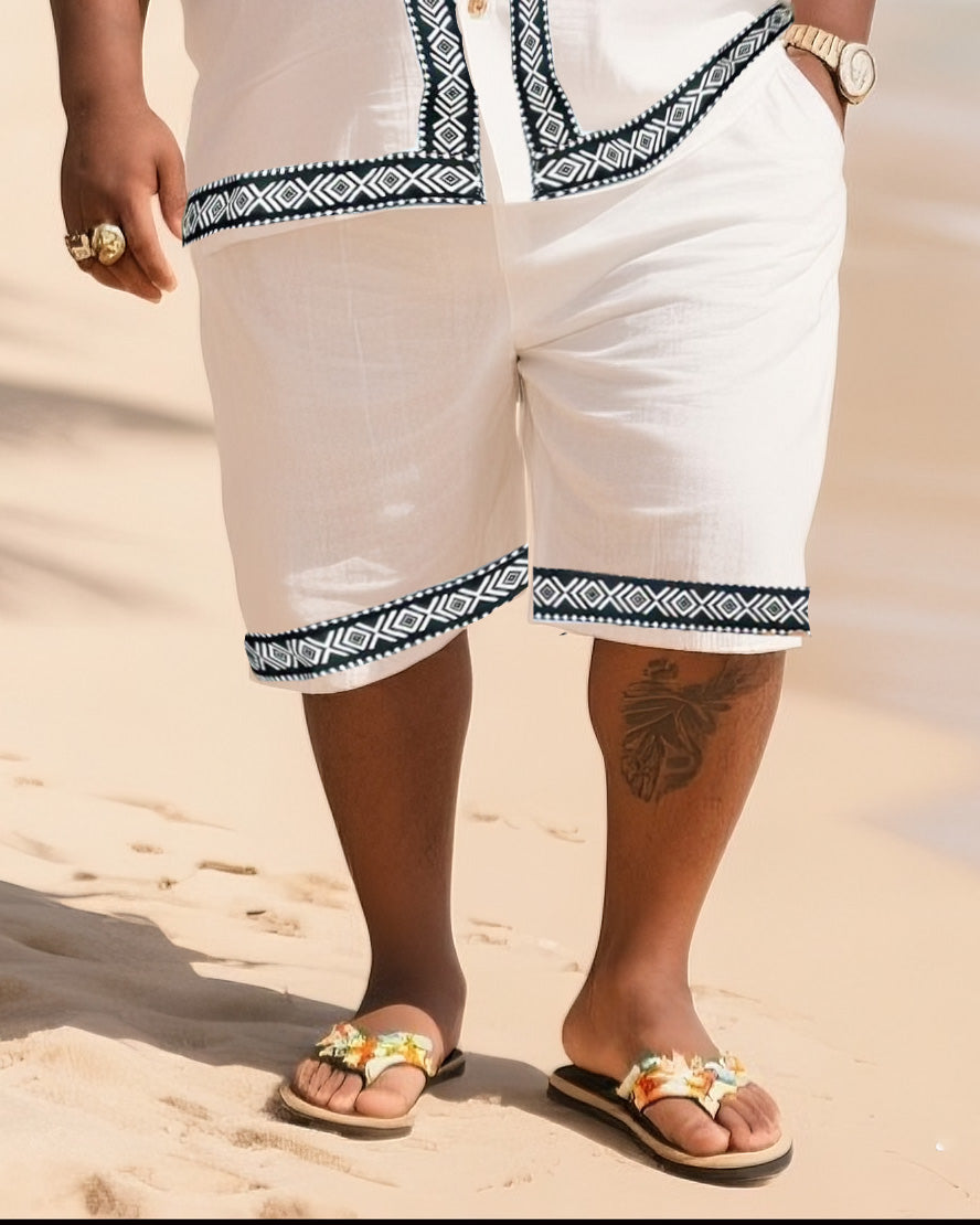 Big Men's Vacation Casual Bohemian Style Striped Edge Textured Short Sleeve Shirt Shorts Suit