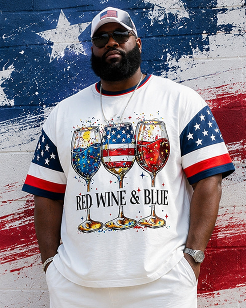 Big & Tall Men's Red, White And Blue Contrast Flag Wine Glass Printed Crewneck Short Sleeve T-Shirt Shorts Set