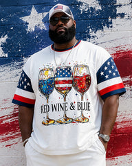 Big & Tall Men's Red, White And Blue Contrast Flag Wine Glass Printed Crewneck Short Sleeve T-Shirt Shorts Set