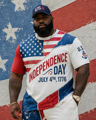 Big & Tall Men's Independence Day Theme Stitching Flag Printed Crewneck Short Sleeve T-Shirt Shorts Set