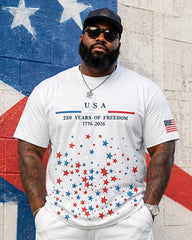 Big & Tall Men's 250 Anniversary Red And Blue Star Printed Crewneck Short Sleeve T-Shirt Shorts Set