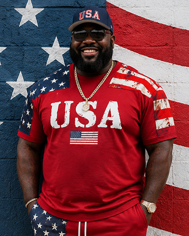 Big & Tall Men's USA Flag Printed Crewneck Short Sleeve T-Shirt Shorts Set