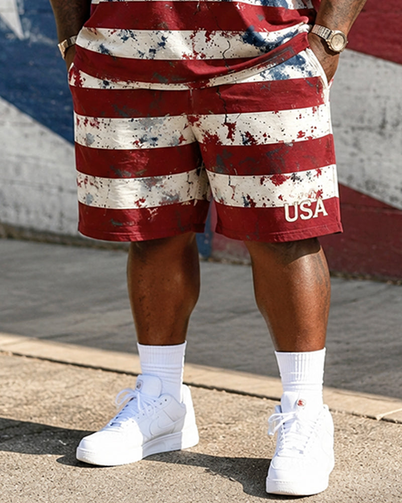 Big & Tall Men's Flag Stitching 250 Anniversary Printed Crewneck Short Sleeve T-Shirt Shorts Set