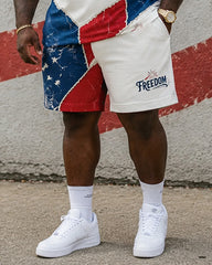 Big & Tall Men's Independence Day Theme Stitching Flag Printed Crewneck Short Sleeve T-Shirt Shorts Set
