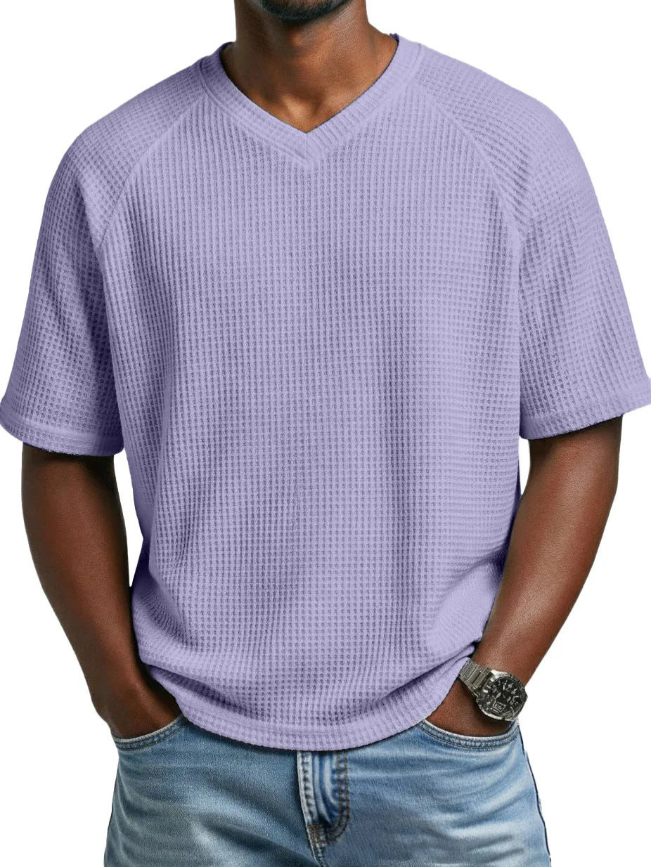 S-4XL Waffled Knit Short Sleeve V-Neck Tee