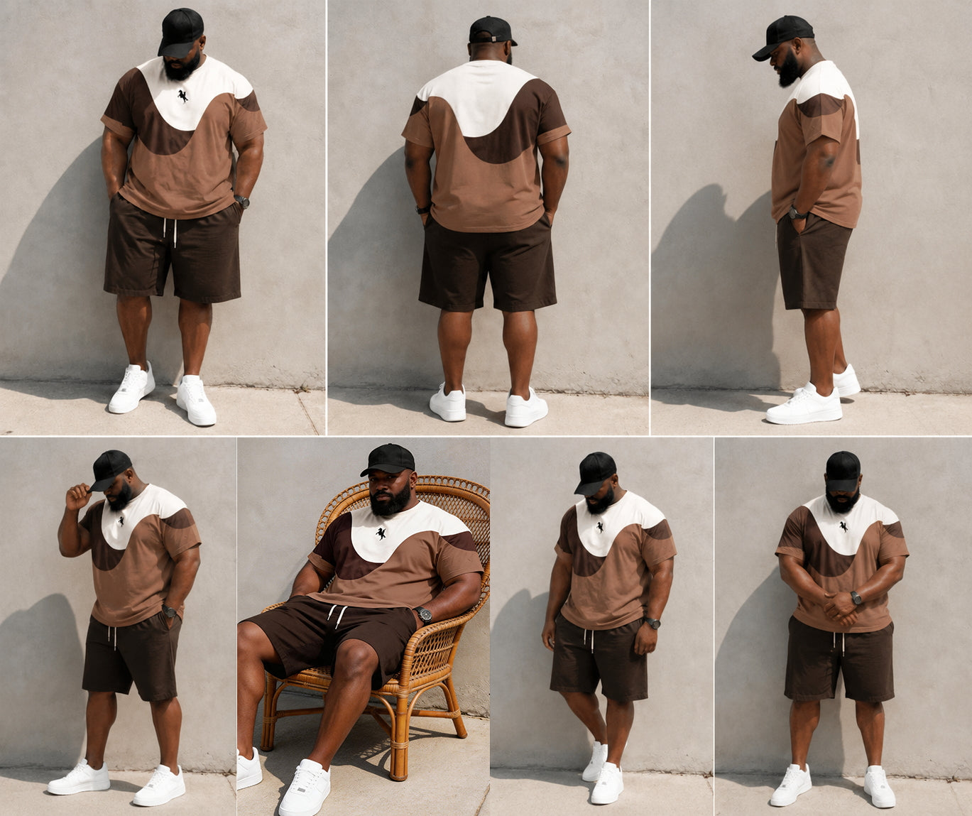 Big & Tall Men's Brown Wave Patchwork Pony Print Round Neck Short Sleeve T-Shirt Shorts Set