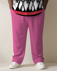 Big & Tall Men's Hawaiian Pink Stripe Colorblock Coconut Print Short Sleeve Shirt Pants Suit