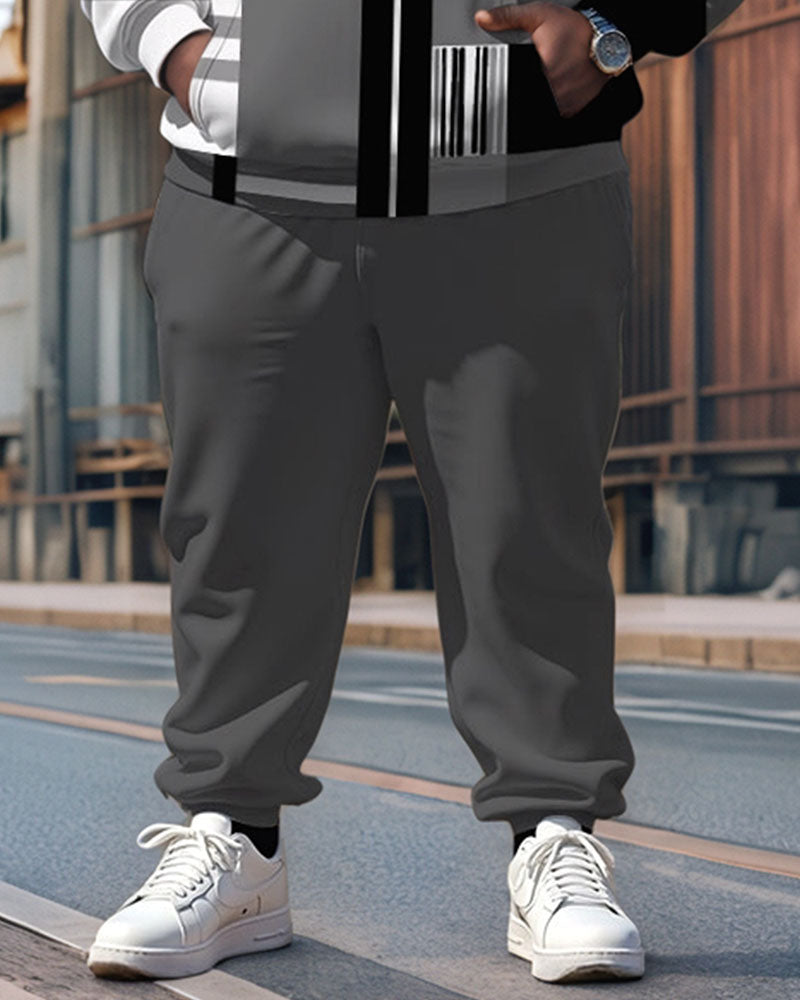 Men's Casual Gray Geometric Print Plus Size Hoodie Suit