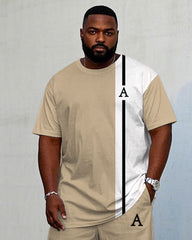 Men's Plus Size Khaki & White Slim Colorblock Small Label Printed Short Sleeve T-shirt Trousers Suit
