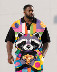 Big Guy's Casual Artistic Geometric Bear Cartoon Printed Short-Sleeve Polo Shirt & Shorts Set