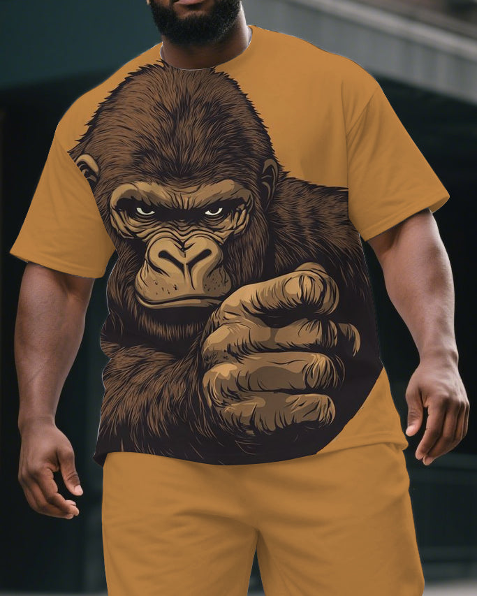 Big & Tall Men's Serious Gorillas Print Street Fashion Yellow Short-Sleeved T-shirt and Short Set