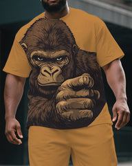 Big & Tall Men's Serious Gorillas Print Street Fashion Yellow Short-Sleeved T-shirt and Short Set
