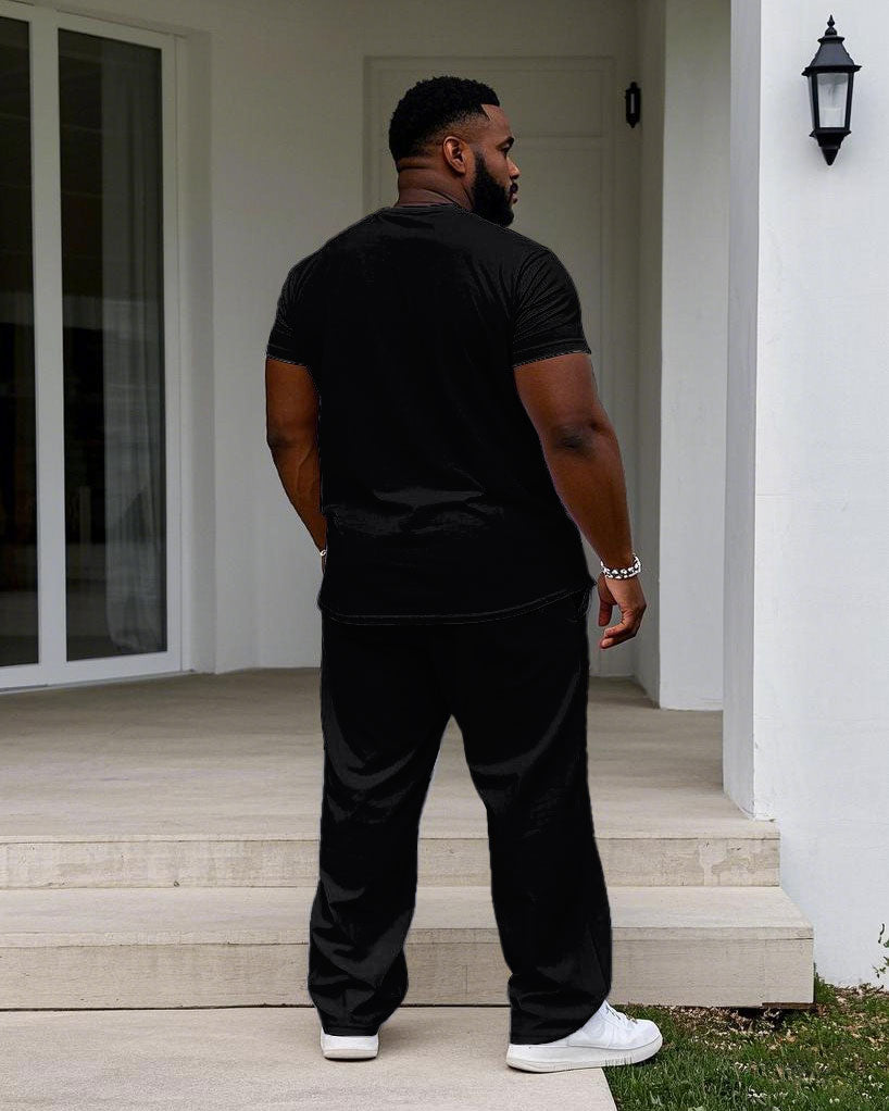Men's Plus Size Black Chest Square Color Block Printed Short-sleeved T-shirt Trousers Suit