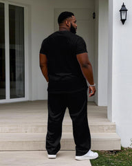 Men's Plus Size Black Chest Square Color Block Printed Short-sleeved T-shirt Trousers Suit
