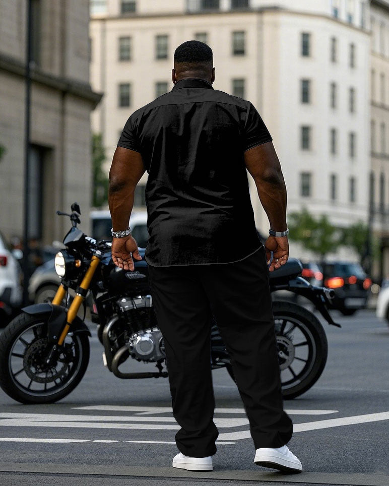 Men's Plus Size Black & Blue Colorblock Line Gradient Design Short Sleeve Shirt Pants Suit
